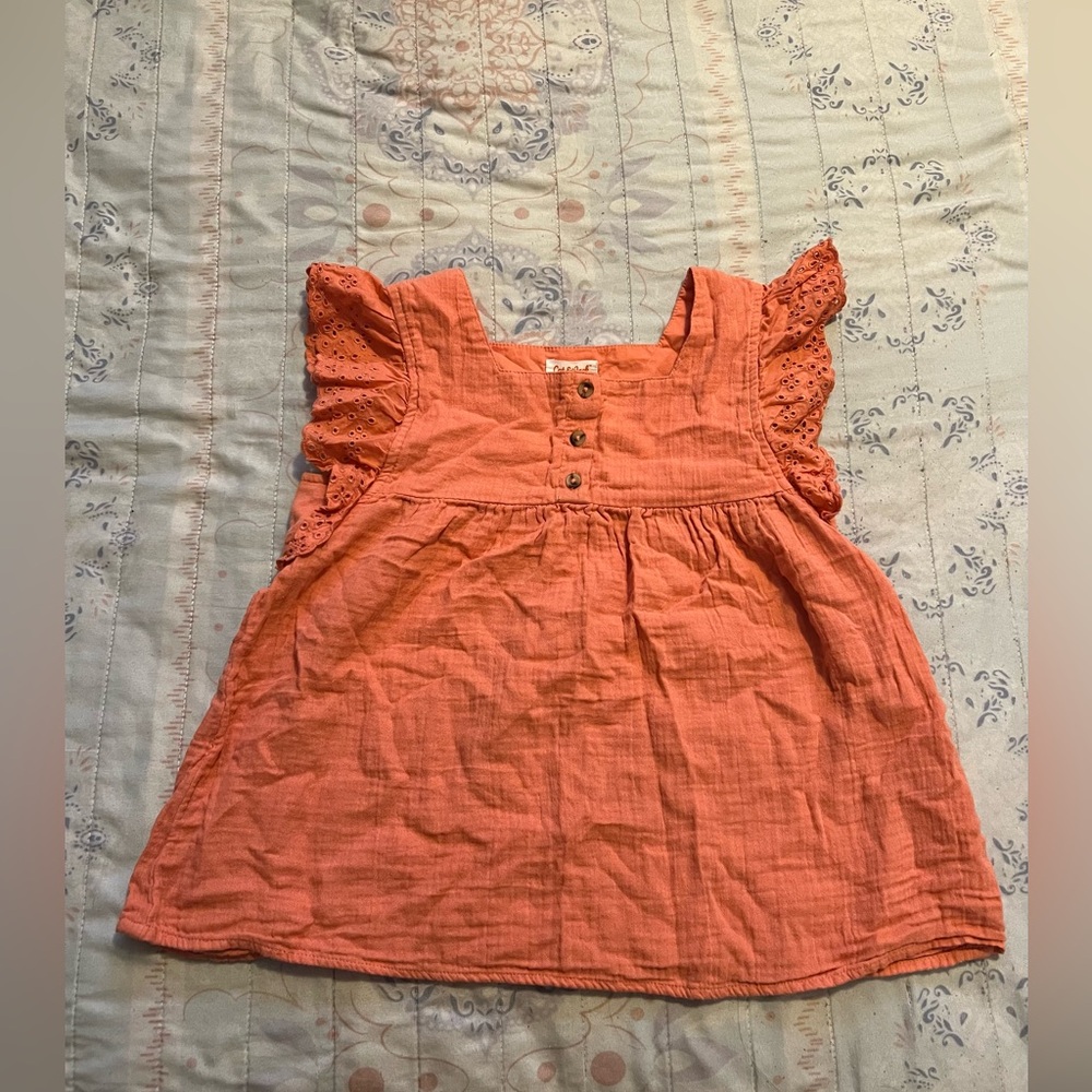 🍊 Girls Flutter Sleeve Top — Eyelet Ruffle Detail | Size L (10/12) 🌼